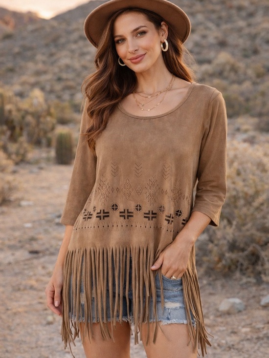 Karlie Tops - Suede Fringe Tribal-Print Tunic Top - Brown